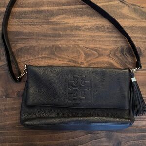 Tory Burch Thea Black Leather Crossbody Clutch/Foldover Bag with Tassel